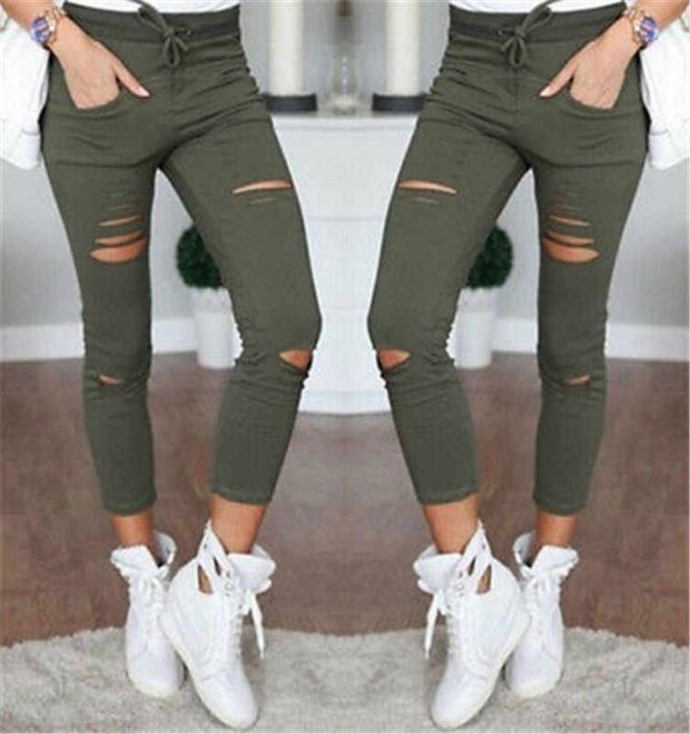 Buy Womens Pencil Pants Holes Casual Bottoming Leggings online